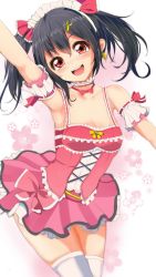 Rule 34 | 10s, 1girl, arm up, armpits, bad id, bad pixiv id, blush, breasts, choker, collarbone, detached sleeves, dress, earrings, frilled dress, frills, hair ornament, hairclip, highres, jewelry, love live!, love live! school idol festival, love live! school idol project, maid headdress, open mouth, pink dress, short sleeves, small breasts, smile, solo, star (symbol), thighhighs, twintails, velia, white thighhighs, yazawa nico, zettai ryouiki