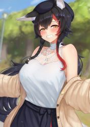Rule 34 | 1girl, animal ear fluff, animal ears, bare shoulders, beige cardigan, beret, black hair, black hat, black skirt, blurry, blurry background, blush, braid, breasts, cardigan, cream cod, day, grin, hair between eyes, hair ornament, hairclip, hat, high-waist skirt, highres, hololive, jewelry, lace, large breasts, long hair, looking at viewer, low ponytail, multicolored hair, necklace, off shoulder, ookami mio, ookami mio (street), outdoors, red hair, shirt, side braid, sidelocks, skirt, sleeveless, sleeveless shirt, smile, solo, standing, streaked hair, very long hair, virtual youtuber, white shirt, wide ponytail, wolf ears, wolf girl, x hair ornament, yellow eyes