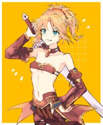 Rule 34 | 1girl, armpits, bare shoulders, blonde hair, blue eyes, breasts, cowboy shot, fate (series), highres, medium breasts, midriff, mordred (fate), mordred (fate/apocrypha), ponytail, rizu033, simple background, smile, solo, sword, weapon, yellow background