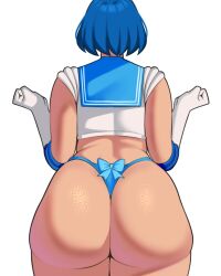 1girl ass ass_focus bishoujo_senshi_sailor_moon blue_hair from_behind gloves highres huge_ass jakuson_z mizuno_ami sailor_mercury short_hair solo thick_thighs thighs thong