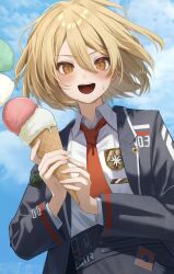 Rule 34 | 1girl, badge, black pants, blonde hair, blue sky, blush, collared shirt, don quixote (project moon), food, highres, ice cream, limbus company, long sleeves, necktie, open mouth, pants, project moon, red necktie, shirt, sky, smile, sohdvh khos ph, solo, sticker, sweat, white shirt, wing collar, yellow eyes