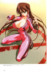 Rule 34 | 00s, 1girl, 2003, artbook, biker clothes, bikesuit, blood, bodysuit, breasts, brown hair, cleavage, clenched hand, collarbone, covered erect nipples, double vertical stripe, earrings, fighting stance, fingerless gloves, fingernails, gloves, green eyes, happoubi jin, heart, heart earrings, highres, huge breasts, jewelry, kneeling, large breasts, latex, long fingernails, long hair, looking at viewer, navel, open clothes, scan, shadow, shiny clothes, shoes, skin tight, smile, sneakers, solo, spandex, spread legs, squatting, striped, sweet body, tennouji hitomi, tiptoes, tokumei kyoushi hitomi, unzipped, very long hair, zipper