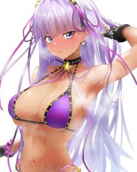 Rule 34 | 1girl, armpits, bare shoulders, bb (fate), bb (fate) (all), bb (swimsuit mooncancer) (fate), bb (swimsuit mooncancer) (second ascension) (fate), bead bracelet, beads, bikini, black garter belt, black gloves, blush, bracelet, breasts, earrings, fate/grand order, fate (series), fingerless gloves, garter belt, gloves, gyaru, hair ornament, hair ribbon, highres, jewelry, large breasts, lilcat, long hair, looking at viewer, navel, nose blush, purple bikini, purple eyes, purple hair, purple ribbon, ribbon, solo, star (symbol), star earrings, star hair ornament, studded garter belt, sweat, swimsuit, tan, upper body, very long hair