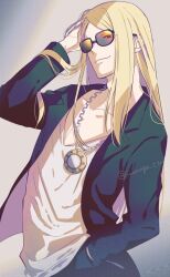 Rule 34 | 1boy, blonde hair, fate/grand order, fate (series), iwanaga tm, jacket, jewelry, long hair, male focus, necklace, open clothes, open jacket, solo, sunglasses, tezcatlipoca (fate), upper body