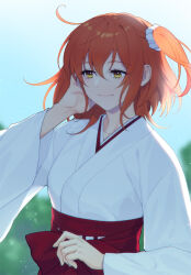 Rule 34 | 1girl, ahoge, closed mouth, commentary request, day, fate/grand order, fate (series), fujimaru ritsuka (female), fujimaru ritsuka (female) (new year&#039;s attire), hair between eyes, hair ornament, hair scrunchie, hakama, japanese clothes, kimono, lips, looking away, miko, official alternate costume, orange hair, outdoors, pink lips, red hakama, sash, scrunchie, short hair, side ponytail, smile, solo, white kimono, white scrunchie, yellow eyes, zanshi