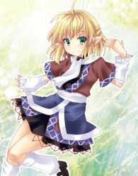 Rule 34 | 1girl, ahoge, arm warmers, black footwear, black shirt, black skirt, blonde hair, blush, breasts, brown shirt, closed mouth, commentary request, foot out of frame, green eyes, half updo, mary janes, mizuhashi parsee, momozakura nanao, pointy ears, sash, scarf, shirt, shoes, short hair, short sleeves, skirt, small breasts, smile, socks, solo, split mouth, touhou, undershirt, white sash, white scarf, white socks