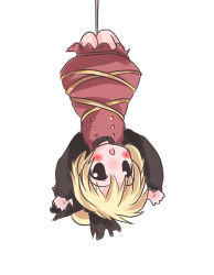 Rule 34 | 1girl, ^^^, arms up, black bow, black eyes, black shirt, blonde hair, blouse, blush, bow, brown legwear, brown shirt, buttons, female focus, hair bow, hanging, knees together feet apart, kurodani yamame, legs together, no nose, non-web source, open mouth, ponytail, ribbon, shirt, silk, simple background, solo, spider web, touhou, upside-down, yellow ribbon