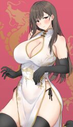 Rule 34 | 1girl, bare shoulders, black gloves, black thighhighs, blush, breasts, china dress, chinese clothes, cleavage, cleavage cutout, clothing cutout, dragon print, dress, elbow gloves, gloves, highres, large breasts, long hair, looking at viewer, mobu, original, pelvic curtain, side slit, solo, thighhighs, white dress