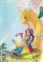 Rule 34 | 1girl, blue eyes, blue sky, blurry, blurry foreground, brown eyes, brown hair, claws, closed mouth, cloud, colored skin, commentary request, creatures (company), dragon, dragon wings, dragonite, game freak, gen 1 pokemon, grass, hanenbo, hat, highres, leaf (pokemon), leg warmers, long hair, nintendo, on grass, orange skin, pokemon, pokemon (creature), pokemon frlg, red skirt, sitting, skirt, sky, tatsugiri, tatsugiri (droopy), white headwear, wings, yellow bag