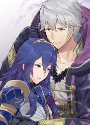 Rule 34 | 1boy, 1girl, ameno (a meno0), armor, bad id, bad twitter id, black gloves, black sweater, blue armor, blue eyes, blue hair, closed mouth, collarbone, commentary request, fire emblem, fire emblem awakening, fire emblem heroes, gloves, grima (fire emblem), hair between eyes, hair ornament, hood, hooded robe, hug, long hair, lucina (fire emblem), nintendo, open clothes, parted lips, red eyes, ribbed sweater, robe, robin (fire emblem), robin (male) (fire emblem), shirt, short hair, simple background, sweater, tiara, white hair, white shirt