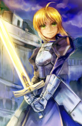 Rule 34 | 1girl, ahoge, armor, armored dress, arnoul, artoria pendragon (fate), bad id, bad pixiv id, blonde hair, dress, excalibur (fate/stay night), fate/zero, fate (series), gauntlets, glowing, glowing weapon, green eyes, hair ribbon, ribbon, saber (fate), smile, solo, sword, weapon
