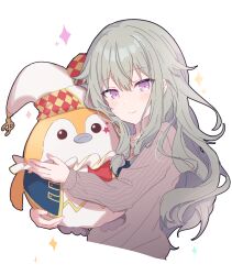 Rule 34 | 1girl, argyle, argyle clothes, argyle hat, blush, closed mouth, commentary request, cropped torso, green hair, grey sweater, hair between eyes, hat, highres, holding, holding stuffed toy, hugging object, jester cap, kusanagi nene, long hair, long sleeves, looking at viewer, low-tied sidelocks, multicolored clothes, multicolored hat, natsuna (momomoiro), phenny (project sekai), project sekai, purple eyes, red hat, sidelocks, smile, solo, sparkle, split mouth, star (symbol), stuffed animal, stuffed phoenix, stuffed toy, sweater, upper body, white hat