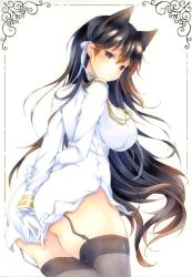 Rule 34 | 1girl, animal ears, ass, atago (azur lane), azur lane, black hair, black thighhighs, breasts, brown eyes, brown hair, dress, female focus, fox ears, from behind, garter straps, gloves, hair ornament, hair ribbon, large breasts, long hair, looking at viewer, looking back, mole, monotng, ribbon, solo, standing, thighhighs, thighs, very long hair, white background, white gloves