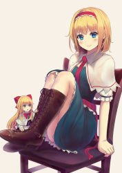 Rule 34 | &gt;:), 1girl, :o, alice margatroid, ascot, beige background, blonde hair, blue dress, blue eyes, blush, boots, bow, bowtie, breasts, brown footwear, capelet, chair, closed mouth, commentary request, culter, doll, dress, feet on chair, frilled hairband, frills, full body, hair bow, hairband, hand rest, high heels, highres, knee boots, knees up, legs together, lolita hairband, long hair, looking at another, looking at viewer, medium breasts, open mouth, puffy short sleeves, puffy sleeves, red ascot, red bow, red bowtie, red hairband, sash, shanghai doll, short hair, short sleeves, sidelocks, simple background, sitting, smile, touhou, v-shaped eyebrows, white capelet