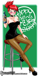 Rule 34 | 00s, 1girl, 2009, black dress, black footwear, blue eyes, bottle, breasts, cartoon network, choker, cleavage, collarbone, dress, earrings, foster&#039;s home for imaginary friends, frankie foster, green background, grin, happy new year, high heels, holding, jewelry, large breasts, looking at viewer, new year, one eye closed, ponytail, red hair, shoes, short hair, sitting, smile, stool, strapless, strapless dress, teeth, thong revolution, watch, wink, wristband