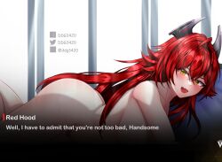Rule 34 | 1girl, :d, ass, breasts, character name, crop top, d.d.g (ddg3420), english text, fake screenshot, goddess of victory: nikke, headgear, highres, large breasts, long hair, navel, nude, open mouth, orange eyes, red hair, red hood (nikke), smile, solo, twitter username, very long hair