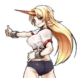 Rule 34 | 1girl, ass, blonde hair, breasts, buruma, covered erect nipples, cuffs, female focus, hand on own hip, horns, hoshiguma yuugi, large breasts, long hair, looking back, lowres, oekaki, phenne, red eyes, see-through, shackles, shirt, single horn, smile, solo, t-shirt, thumbs up, tied shirt, touhou, transparent background, wet, wet clothes, wet shirt