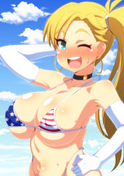 Rule 34 | :d, american flag bikini, aqua eyes, arm behind head, arm up, asymmetrical bangs, bare shoulders, bikini, black choker, blonde hair, blush, breasts, calamity jane (fate), choker, cleavage, cloud, cloudy sky, covered erect nipples, earrings, elbow gloves, eyelashes, fate/grand order, fate (series), flag print, from side, gloves, hand on own hip, highres, hoop earrings, jewelry, kani club, large breasts, long hair, looking at viewer, navel, nose blush, one eye closed, open mouth, outdoors, shiny skin, side ponytail, skindentation, sky, smile, strap gap, string bikini, sweat, swimsuit, upper body, white gloves, wink