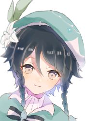 Rule 34 | 1boy, black hair, blue hair, blush, braid, brown eyes, close-up, closed mouth, flower, genshin impact, gradient hair, green hat, hair ornament, hat, head tilt, highres, looking at viewer, male focus, multicolored hair, simple background, smile, solo, trap, twin braids, venti (genshin impact), white background, white flower, wxwd8548