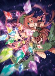 Rule 34 | 1girl, bow, braid, breasts, corset, crystal, danmaku, dress, female focus, green dress, green eyes, hair bow, hat, hong meiling, large breasts, long hair, looking at viewer, magic circle, open mouth, outstretched arm, outstretched hand, red hair, shirt, solo, star (symbol), touhou, toutenkou, twin braids, very long hair, wrist cuffs