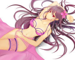 Rule 34 | 1girl, armpits, bikini, breasts, cleavage, fate/grand order, fate (series), flower, hair flower, hair ornament, highres, long hair, looking at viewer, lying, medium breasts, navel, on back, purple bikini, purple hair, red eyes, scathach (fate), scathach (fate), scathach (swimsuit assassin) (fate), smile, solo, swimsuit, tetsu (excalibur920), very long hair