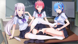 Rule 34 | 10s, 3girls, alternate costume, artist name, ass, black legwear, blue eyes, blue hair, blue ribbon, blush, box, braid, breasts, cardboard box, chair, chalkboard, classroom, clubroom, collarbone, commentary request, contemporary, desk, edogawakid, elf, emilia (re:zero), feet, flower, holding with feet, hair flower, hair ornament, hair over one eye, hairband, hand on another&#039;s thigh, hands on feet, highres, holding another&#039;s foot, indoors, legs, long hair, looking at viewer, medium breasts, multiple girls, no panties, no shoes, on desk, open mouth, panties, pantyshot, pink hair, pink ribbon, pleated skirt, pointy ears, purple eyes, purple ribbon, ram (re:zero), re:zero kara hajimeru isekai seikatsu, red eyes, rem (re:zero), ribbon, school, school uniform, seiza, serafuku, short hair, siblings, silver hair, sisters, sitting, sitting on table, skirt, smile, soles, table, thighhighs, translation request, twins, underwear, wallpaper, white legwear, white panties, whiteboard, x hair ornament, zettai ryouiki