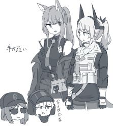 Rule 34 | 1boy, 3girls, animal ears, arknights, ash (rainbow six siege), ballistic face shield, ballistic helmet, bare shoulders, blitz (rainbow six siege), check translation, crossover, dragon girl, dragon horns, dragon tail, fox ears, franka (arknights), gloves, greyscale, hand on own chin, horns, jacket, jacket on shoulders, kumamoto aichi, liskarm (arknights), liskarm (overload) (arknights), looking at another, monochrome, multiple girls, official alternate costume, open mouth, ponytail, rainbow six siege, sketch, smile, sunglasses, tail, translation request, v-shaped eyebrows, visor, visor (armor), white background