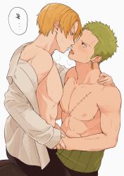 Rule 34 | 2boys, abs, black pants, blonde hair, blush, collarbone, earrings, eye contact, facial hair, green hair, highres, ice, ice cube, imminent kiss, iqracha, jewelry, looking at another, male focus, multiple boys, nipples, one piece, open clothes, open mouth, pants, pectorals, roronoa zoro, sanji (one piece), scar, scar on chest, shirt, short hair, sitting, sitting on person, sweat, toned, toned male, tongue, tongue out, topless male, white background, white shirt, yaoi