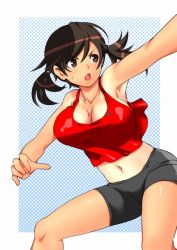 Rule 34 | 1girl, armpits, bad id, bad pixiv id, bare shoulders, bike shorts, breasts, brown eyes, brown hair, cleavage, face, fujisawa takashi, large breasts, midriff, navel, no bra, one-piece tan, open mouth, original, short hair, short twintails, solo, tan, tank top, tanline, twintails
