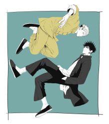 Rule 34 | 2boys, absurdres, blue background, chinese clothes, coat, floating, full body, fushiguro megumi, hand in pocket, highres, itadori yuuji, jujutsu kaisen, looking at viewer, male focus, marukome0816, monochrome, multiple boys, pants, shoes, short hair, simple background, spiked hair
