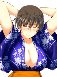 Rule 34 | 1girl, amagami, arms up, blue kimono, breasts, brown eyes, brown hair, cleavage, collarbone, floral print, hair between eyes, highres, japanese clothes, kimono, large breasts, looking at viewer, sasaki akira (ugc), short hair, simple background, smile, solo, tsukahara hibiki, upper body, white background