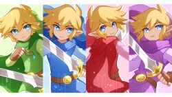 Rule 34 | 4boys, :3, :d, absurdres, belt, blonde hair, blue background, blue cape, blue eyes, blue shirt, blue tunic, brown belt, brown gloves, cape, clenched hand, closed mouth, column lineup, commentary, earrings, english commentary, enni, fingerless gloves, gloves, green background, green cape, green headwear, green shirt, green tunic, grin, hair between eyes, hand up, hat, highres, holding, holding sword, holding weapon, jewelry, letterboxed, link, long sleeves, looking at viewer, looking back, male focus, multiple boys, multiple views, nintendo, open mouth, parted lips, pink background, pink shirt, pointy ears, purple background, purple cape, purple headwear, purple shirt, purple tunic, red cape, red headwear, red tunic, shirt, short hair, sidelocks, smile, sword, teeth, the legend of zelda, the legend of zelda: four swords, tunic, upper teeth only, v-shaped eyebrows, weapon, yagasuri