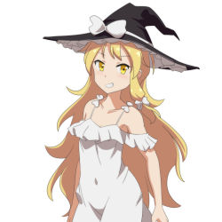 Rule 34 | 1girl, alternate costume, bare shoulders, black hat, blonde hair, bow, cato (monocatienus), collarbone, commentary request, covered navel, dress, grin, hair bow, hat, hat bow, kirisame marisa, long hair, looking at viewer, simple background, smile, solo, touhou, very long hair, white background, white bow, white dress, witch hat, yellow eyes