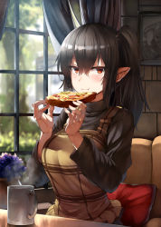 Rule 34 | 1girl, bad id, bad pixiv id, belko, black hair, black sweater, blush, breasts, brown eyes, closed mouth, couch, cup, curtains, cushion, eating, flower, food, hair between eyes, hair ornament, highres, large breasts, long hair, long sleeves, looking at viewer, mug, pizza, pointy ears, sitting, skull hair ornament, solo, sweater, the elder scrolls, the elder scrolls v: skyrim, turtleneck, turtleneck sweater, window