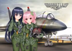 Rule 34 | 2girls, ace combat, ace combat 5, aircraft, airfield, airplane, arm at side, assault lily, black hair, character name, closed mouth, cloud, cloudy sky, clover hair ornament, commentary request, copyright name, cowboy shot, evening, f-14 tomcat, fighter jet, four-leaf clover hair ornament, hair ornament, hand in own hair, hand up, helmet, highres, hitotsuyanagi riri, holding, holding helmet, imai tomohiro, jet, light blush, long hair, looking at viewer, military vehicle, missile, multiple girls, name connection, one side up, parody, pilot helmet, pilot suit, pink eyes, purple eyes, razgriz, shirai yuyu, short hair, side-by-side, sidelocks, sky, smile, standing, unworn headwear, unworn helmet, very long hair