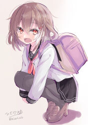 Rule 34 | 1girl, absurdres, anchor symbol, backpack, bag, black pantyhose, black sailor collar, black skirt, brown footwear, brown hair, fang, gradient background, highres, hizaka, hugging own legs, ikazuchi (kancolle), kantai collection, loafers, long sleeves, neckerchief, one-hour drawing challenge, open mouth, pantyhose, pleated skirt, randoseru, red eyes, red neckerchief, sailor collar, school uniform, serafuku, shoes, short hair, skirt, solo, squatting, white background