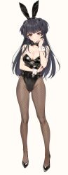 Rule 34 | 1girl, absurdres, animal ears, bare arms, bare shoulders, black bow, black bowtie, black footwear, black hair, black leotard, black pantyhose, blush, bow, bowtie, breasts, cleavage, closed mouth, detached collar, fake animal ears, fishnet pantyhose, fishnets, full body, hand up, highleg, highleg leotard, highres, idolmaster, idolmaster shiny colors, large breasts, leotard, long hair, looking at viewer, mayuzumi fuyuko, pantyhose, playboy bunny, rabbit ears, simple background, smile, solo, standing, white wrist cuffs, wrist cuffs, yd (orange maru)