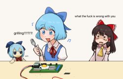 Rule 34 | 2girls, ascot, blue dress, blue eyes, blue hair, bow, brown eyes, brown hair, character doll, circuit board, cirno, collar, commentary, cooking, detached sleeves, dirty, dirty face, dress, english commentary, english text, fork, fried egg, fumo (doll), hair bow, hair tubes, hakurei reimu, highres, holding, holding fork, japanese clothes, looking down, miko, multiple girls, music, musical note, nontraditional miko, nvi2762, profanity, puffy short sleeves, puffy sleeves, red ascot, shaded face, short hair, short sleeves, sidelocks, simple background, singing, speech bubble, surprised, table, touhou, upper body, white background, white collar, wire, yellow ascot