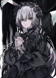 Rule 34 | 1girl, 1other, 402 (o0 xxx), black bow, black gloves, black hair, black shirt, black skirt, bonnet, bow, gloves, goth fashion, gothic lolita, grey eyes, grey hair, highres, lolita fashion, long hair, long sleeves, multicolored hair, original, own hands clasped, own hands together, rosary, shirt, skirt, suspender skirt, suspenders, white background