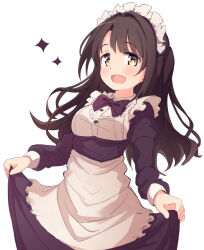 Rule 34 | 1girl, alternate costume, apron, bow, bowtie, braid, breasts, brown eyes, brown hair, buttons, clothes lift, collar, dot nose, dress, dress lift, enmaided, frilled apron, frilled collar, frilled hairband, frills, hairband, idolmaster, idolmaster cinderella girls, juliet sleeves, kuwahara, light blush, long hair, long sleeves, looking at viewer, maid, maid apron, maid headdress, medium breasts, open mouth, puffy sleeves, purple bow, purple bowtie, purple dress, shimamura uzuki, simple background, smile, solo, sparkle, straight hair, swept bangs, uniform, upper body, white apron, white background