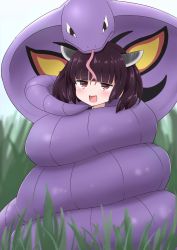 Rule 34 | 1girl, arbok, black hair, blunt bangs, blush, bound, coiled, commission, constriction, creatures (company), crossover, forked tongue, game freak, gen 1 pokemon, grass, headgear, junes, nintendo, open mouth, pokemon, pokemon (creature), red eyes, short hair, short twintails, skeb commission, tongue, touhoku kiritan, twintails, voiceroid