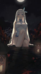 Rule 34 | 1girl, absurdres, backlighting, bare arms, bare legs, bare shoulders, blue eyes, breasts, china dress, chinese clothes, cleavage, cleavage cutout, clothing cutout, commission, crossed legs, dress, full moon, grey hair, hair ribbon, highres, lantern, large breasts, long hair, looking at viewer, moon, night, no panties, open mouth, original, outdoors, patch oxxo, pelvic curtain, ribbon, sitting, sleeveless, sleeveless dress, smile, solo, thighs, very long hair, water, white dress