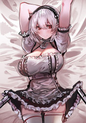 Rule 34 | 1girl, anchor choker, azur lane, bad id, bad pixiv id, breasts, choker, cleavage, dress, frills, hair between eyes, hairband, highres, lace-trimmed hairband, lace trim, large breasts, lying, on back, red eyes, short hair, sirius (azur lane), smile, solo, suru (ksoo420), white dress, white frills, white hair