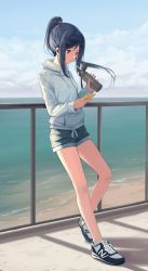 Rule 34 | 10s, 1girl, against railing, beach, blue eyes, blue hair, breasts, cellphone, clothes writing, cloud, cloudy sky, day, digital media player, earbuds, earphones, english text, expressionless, full body, holding, holding phone, hood, hooded sweater, hoodie, horizon, huanxiang heitu, leaning back, looking down, love live!, love live! school idol festival, love live! sunshine!!, matsuura kanan, ocean, outdoors, phone, ponytail, railing, shoes, short shorts, shorts, sidelocks, sky, small breasts, smartphone, sneakers, socks, solo, sweater, thermos