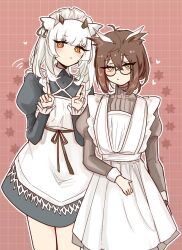 Rule 34 | 2girls, :o, alternate costume, apron, arknights, black dress, blush, brown dress, brown hair, commentary, dress, feather hair, frilled apron, frills, glasses, grid background, long sleeves, looking at viewer, maid, maid headdress, medium hair, multiple girls, orange eyes, pink background, pointing, pointing up, ptilopsis (arknights), puffy sleeves, short hair, silence (arknights), star (symbol), turtleneck, turtleneck dress, ub orca, white apron, yellow eyes