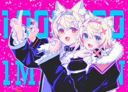 absurdres animal_ear_fluff animal_ears black_coat black_collar black_jacket blonde_hair blue_eyes blue_hair coat collar cropped_jacket dated dog_ears dress fang fangs fuwawa_abyssgard fuwawa_abyssgard_(1st_costume) headphones headphones_around_neck highres hololive hololive_english jacket mococo_abyssgard mococo_abyssgard_(1st_costume) multicolored_hair open_clothes open_coat open_jacket open_mouth pink_background pink_eyes pink_hair siblings sisters skin_fang skin_fangs twins two-tone_hair two_side_up upper_body virtual_youtuber white_dress yuri_kyanon