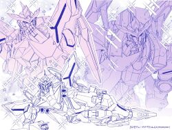 Rule 34 | 1boy, bravern, covering own mouth, crazy kinoko, hand on own cheek, hand on own face, hand on own thigh, highres, leaning forward, looking at viewer, lying, male focus, mecha, monochrome, on side, robot, smile, solo, sparkle, super robot, twitter username, upper body, v-fin, yuuki bakuhatsu bang bravern