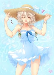 Rule 34 | 1girl, alternate costume, bare arms, bare shoulders, bracelet, braid, breasts, cleavage, collarbone, contrapposto, dress, closed eyes, flying sweatdrops, happy, hat, hat ribbon, highres, izayoi sakuya, jewelry, long hair, mickey dunn, open mouth, ribbon, silver hair, sleeveless, sleeveless dress, smile, solo, standing, straw hat, sundress, thighs, touhou, twin braids, white dress