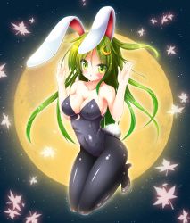 Rule 34 | 10s, 1girl, alternate breast size, alternate costume, animal ears, bare arms, bare shoulders, black pantyhose, breasts, cleavage, collarbone, crescent, crescent hair ornament, eyebrows, fake animal ears, full moon, green eyes, green hair, hair ornament, hands up, high heels, highres, kantai collection, leaf, leotard, long hair, looking at viewer, maple leaf, matching hair/eyes, moon, nagatsuki (kancolle), osashin (osada), pantyhose, parted lips, playboy bunny, rabbit ears, rabbit tail, sky, solo, star (sky), starry sky, tail