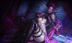Rule 34 | 1girl, absurdres, artist name, bare shoulders, black thighhighs, breast suppress, breasts, claws, commentary, curtains, evelynn (league of legends), evelynn (old), glowing, glowing eyes, hair up, highres, league of legends, licking lips, long pointy ears, looking at viewer, medium breasts, naughty face, pillow, pink eyes, pointy ears, purple hair, realistic, sitting, solo, spikes, taekwon kim, thigh strap, thighhighs, tongue, tongue out, watermark, web address